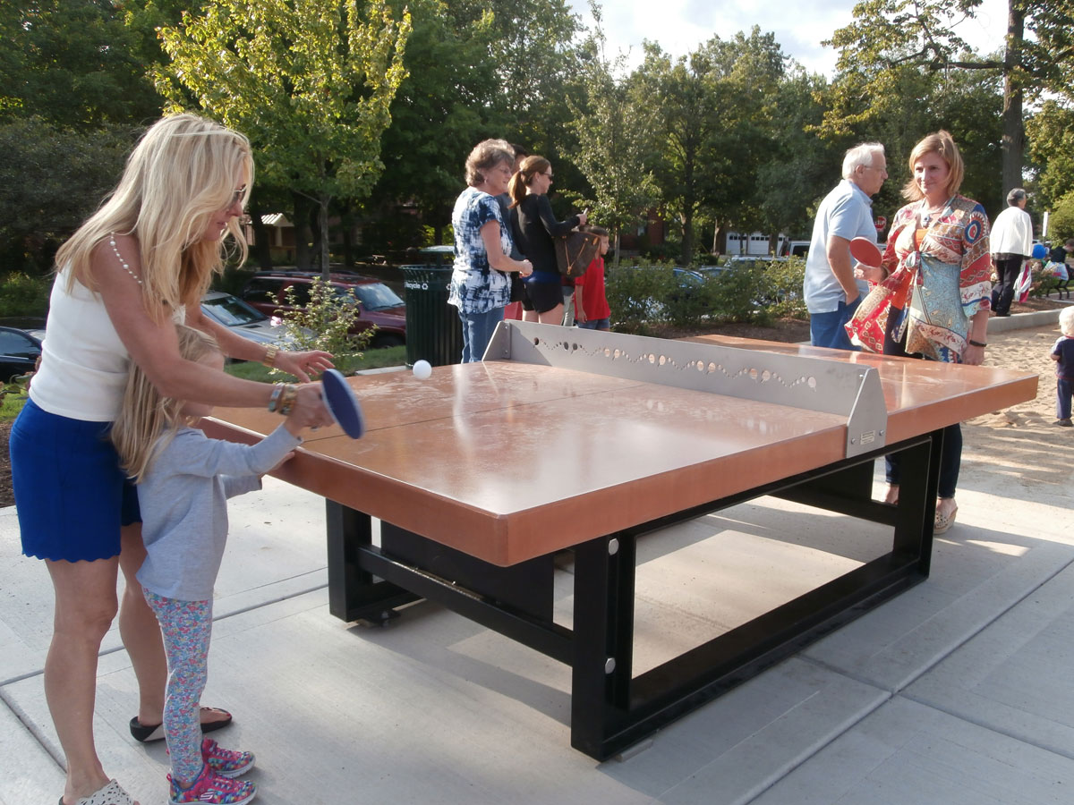 Concrete ping pong table with steel base and concrete cornhole sets for Dwyer Park, Winnetka, IL