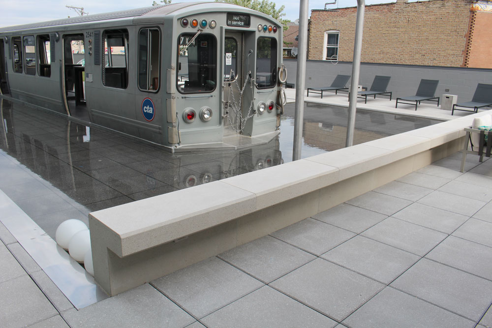 Custom Concrete Benches, Fit Pit Seating, Concrete Bar/Grill at Logan Square L Apartments